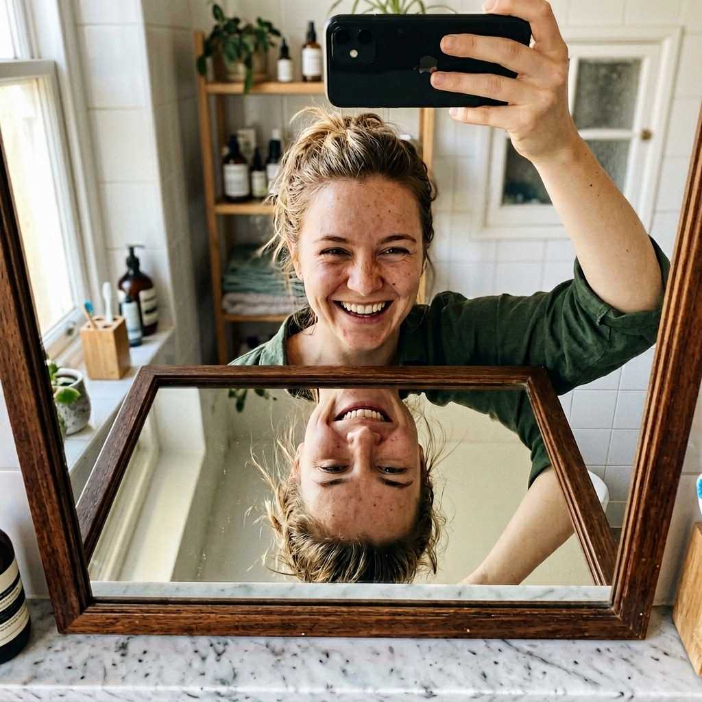 거울을 보며 미소 짓는 사람