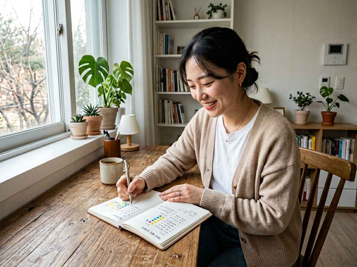 한국인이 자기계발 습관 만들기 노트를 보며 미소 짓는 모습