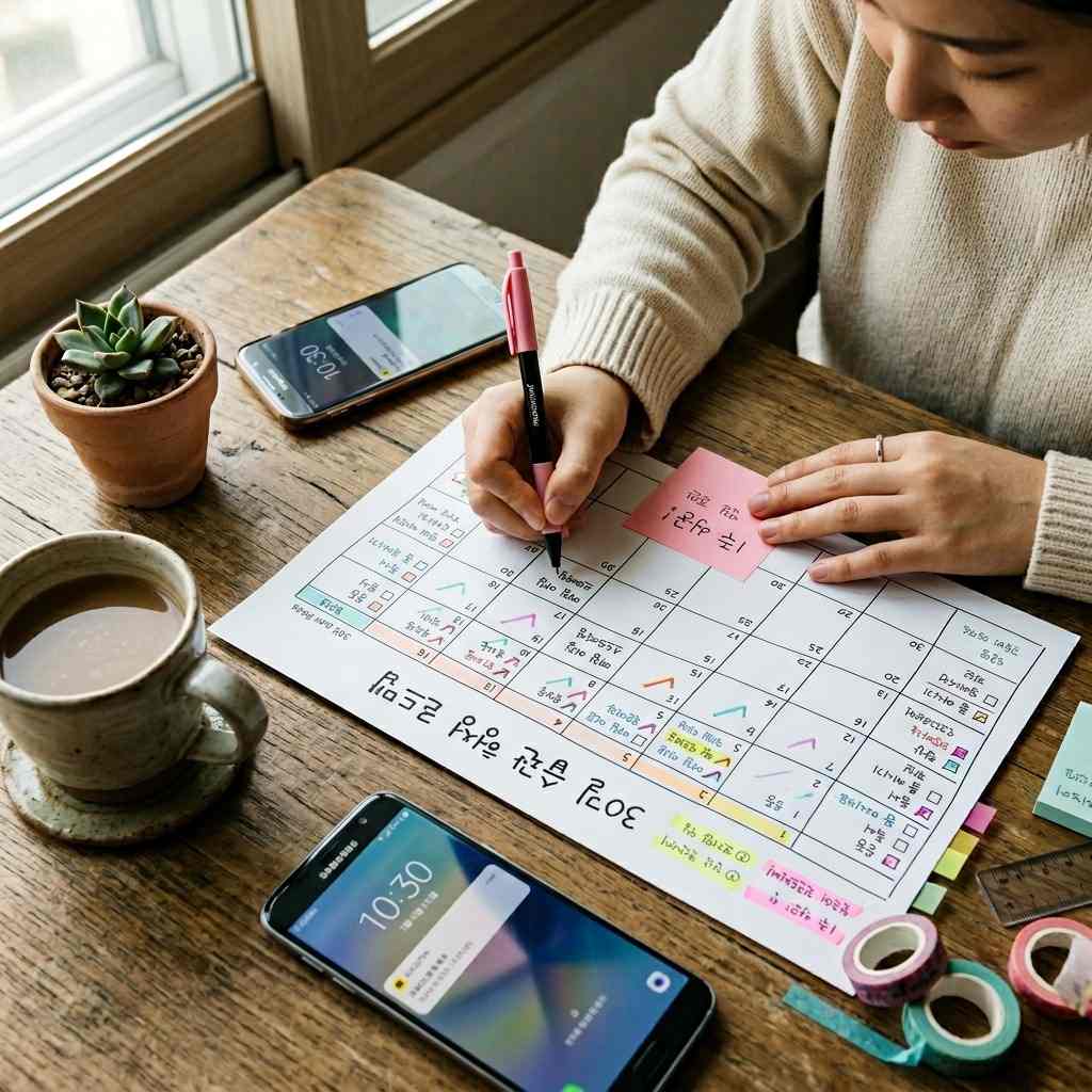 한국인이 30일 습관 형성 로드맵을 보며 계획을 세우는 모습