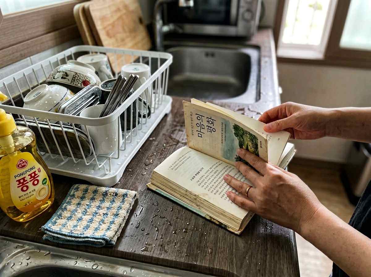 한국 가정집 부엌에서 . 설거지 후 바로 책을 펼치는 모습