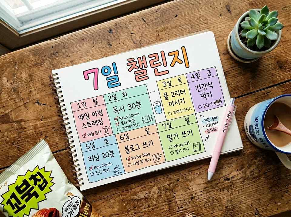 다채로운 색상의 캘린더에 '7일 챌린지'라고 표시된 모습