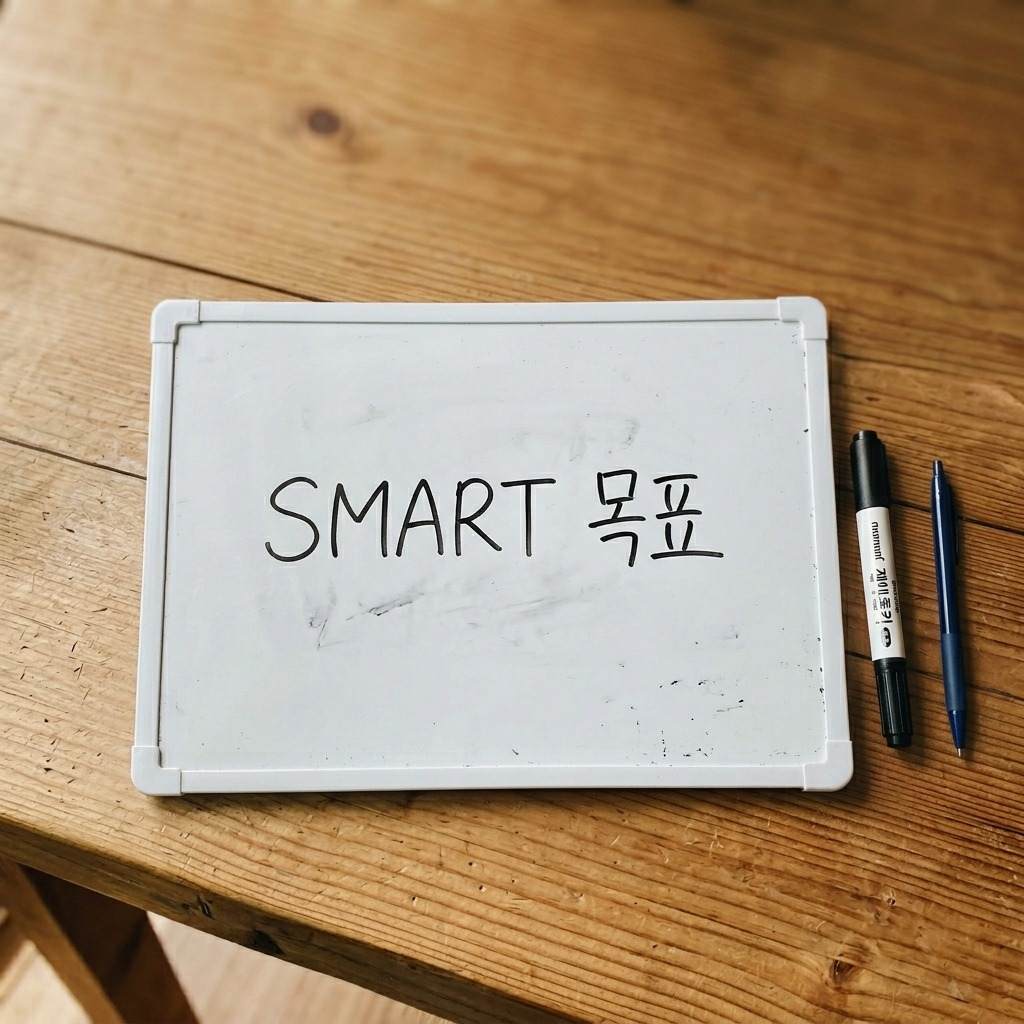 한국어로 'SMART 목표'라고 적힌 화이트보드와 옆에 놓인 펜