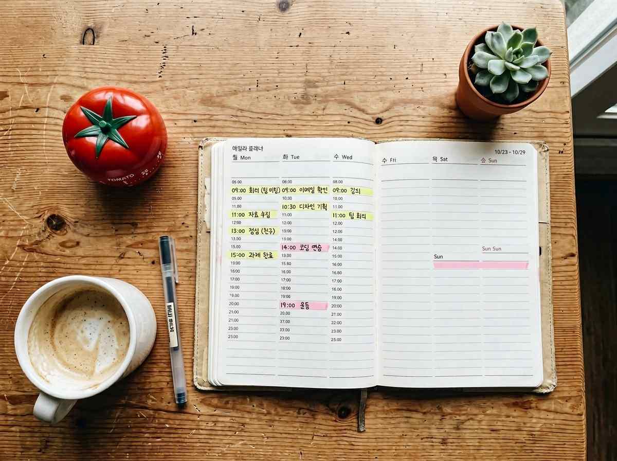 뽀모도로 타이머와 시간 블록킹으로 채워진 플래너가 놓인 책상