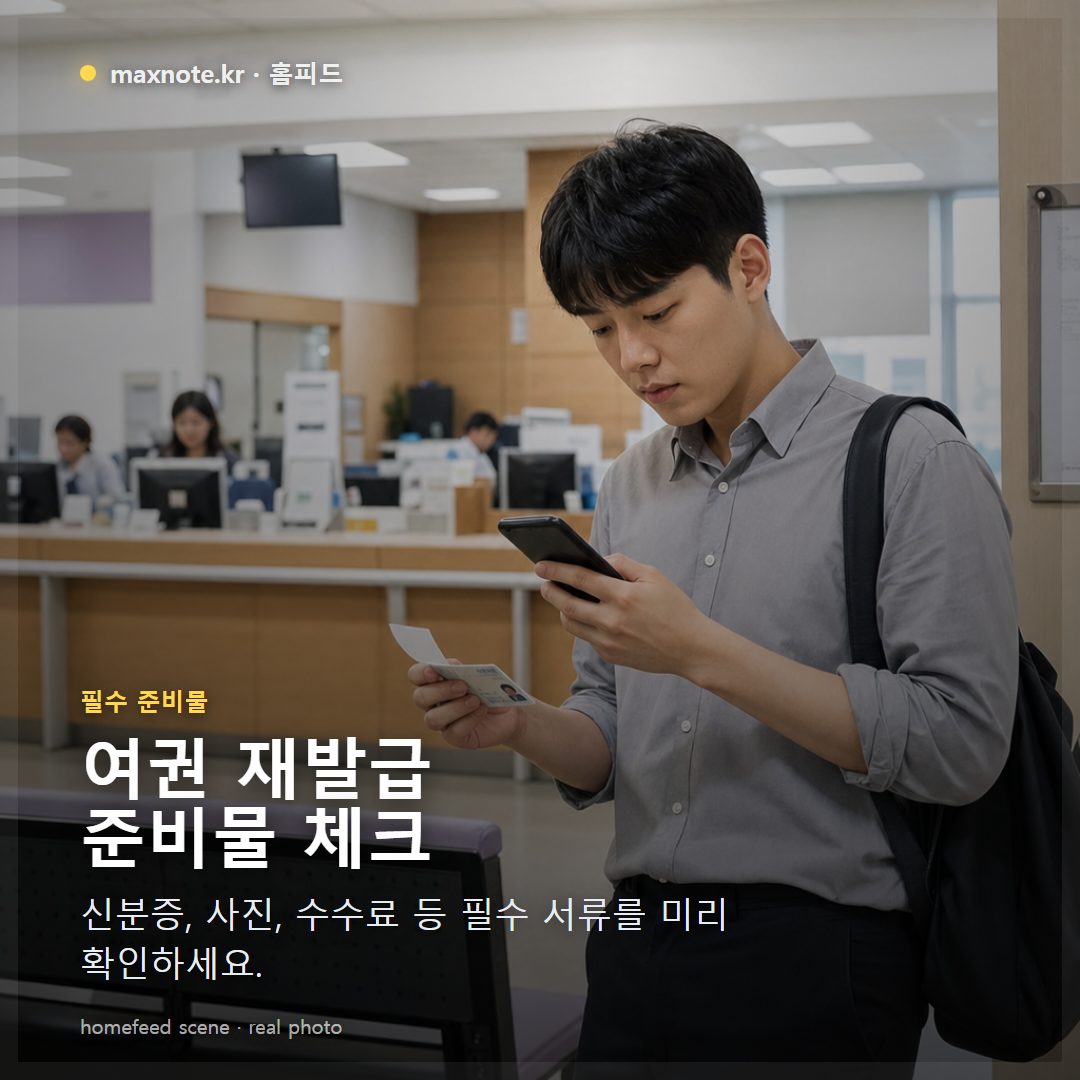 책상 위에 놓인 여권, 신분증, 여권용 사진, 현금 등 여권 재발급에 필요한 준비물들