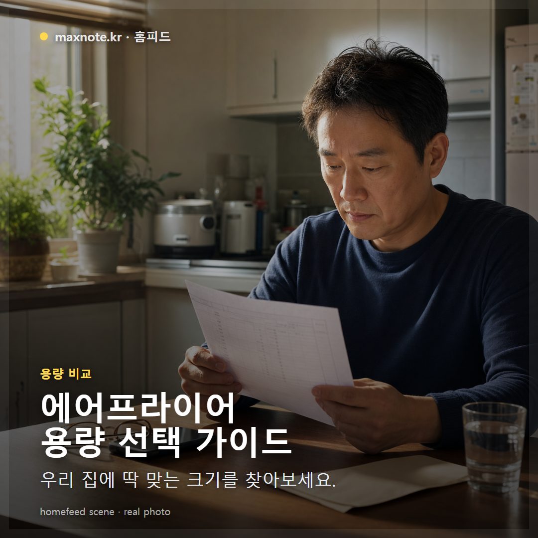 용량별로 크기가 다른 다양한 에어프라이어 모델들이 놓여 있는 한국 주방 풍경