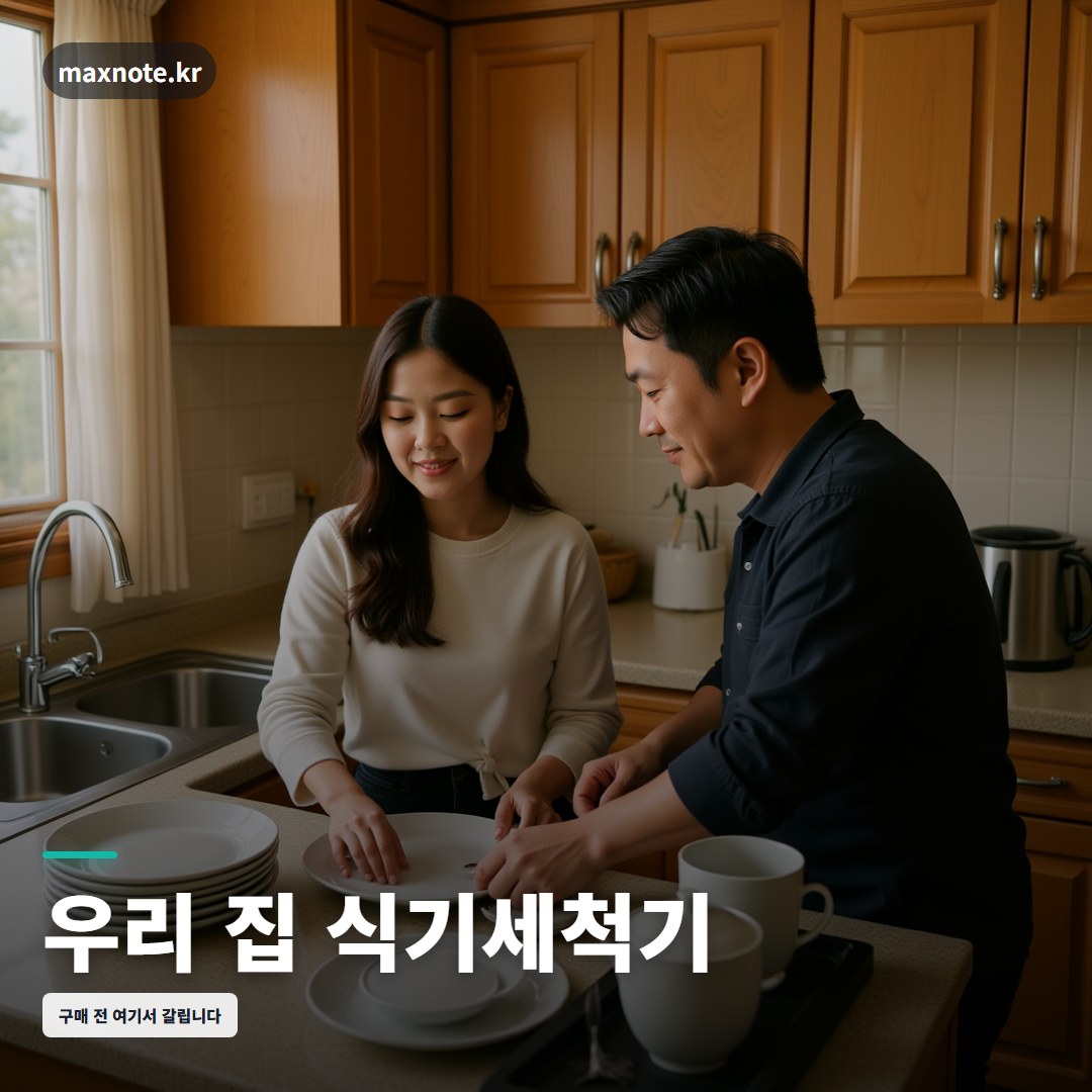 한국 아파트 주방에서 가족이 식기세척기에서 깨끗한 그릇을 꺼내는 모습