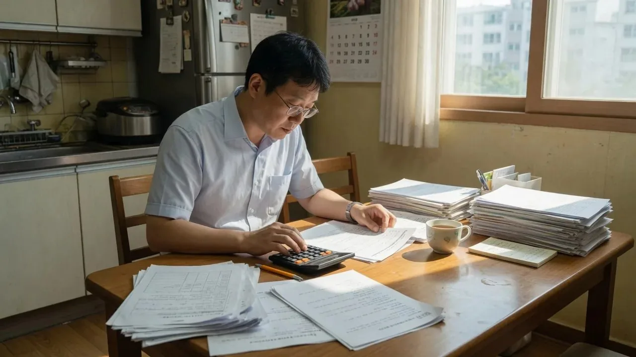 식탁에서 유치원 학비 서류를 확인하는 부모