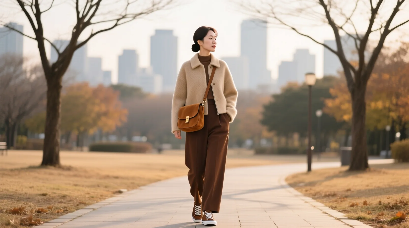 톤온톤 갈색으로 통일한 야상, 스웨이드 가방, 갈색 운동화로 완성한 한국 여성의 세련된 가을 코디