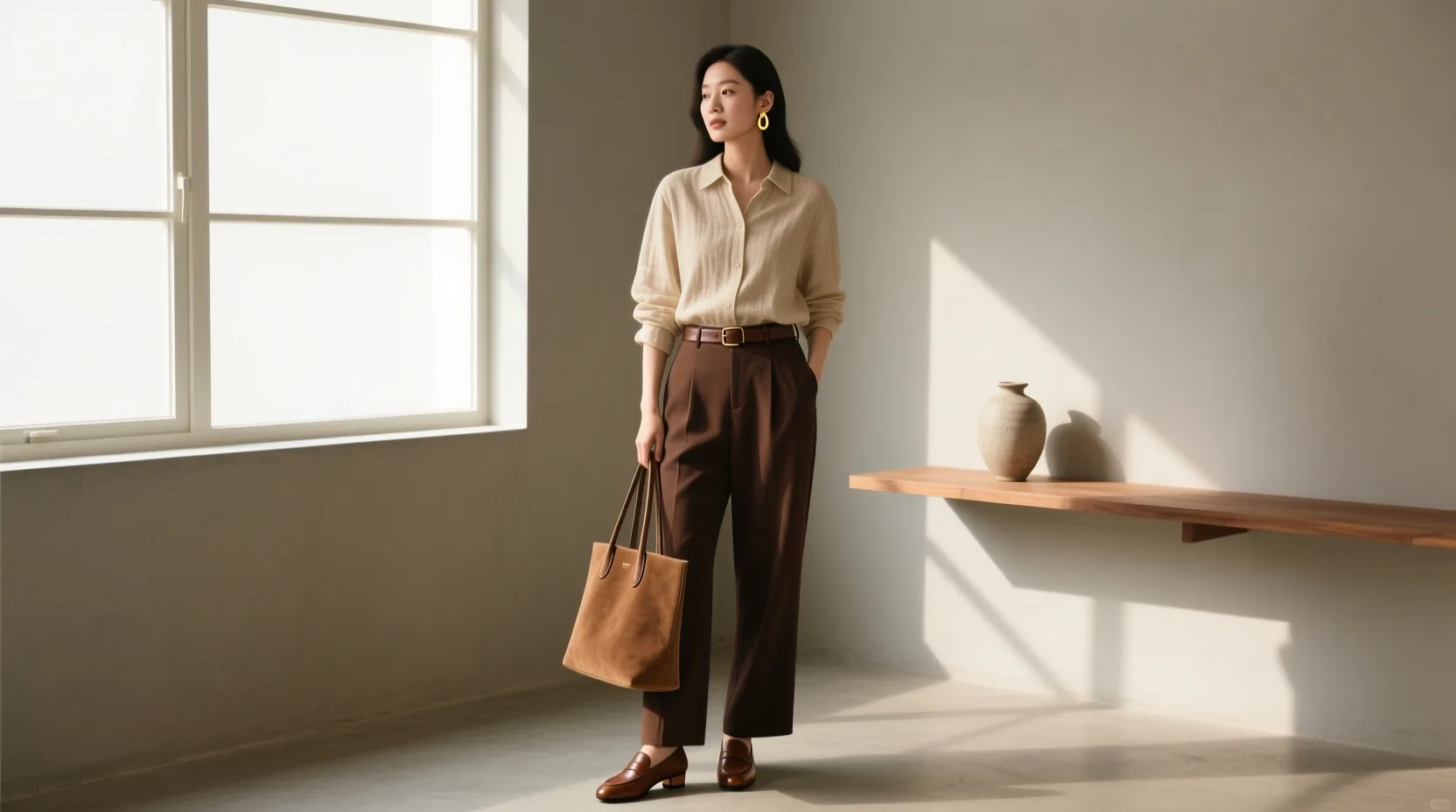 베이지부터 초콜릿 갈색까지 톤의 깊이를 조절한 톤온톤 코디 전체 모습