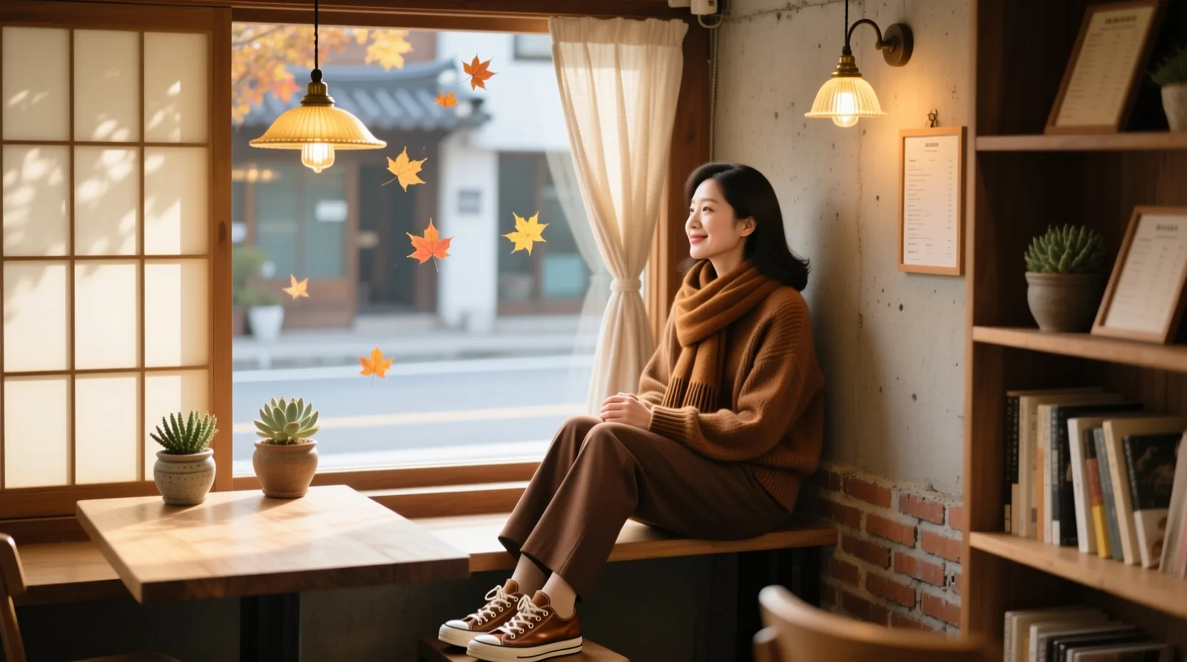 드뮤어룩과 고프코어를 표현한 톤온톤 갈색 옷의 한국 여성, 카페 창가에서의 편안하고 세련된 모습